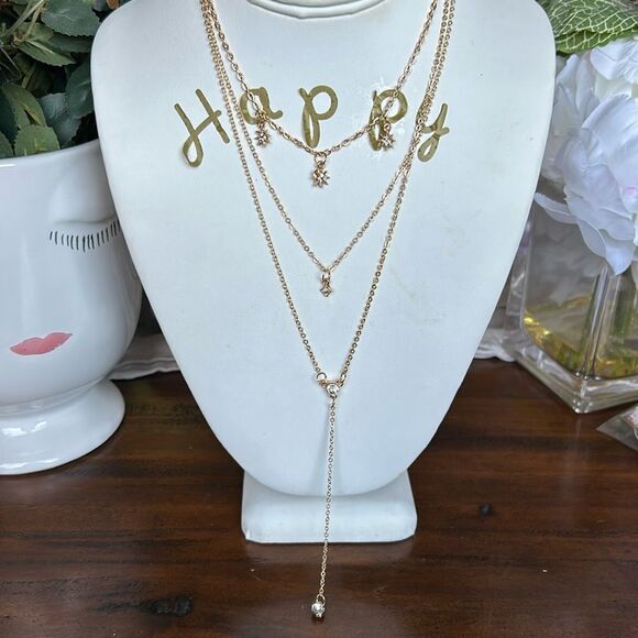 Fashion Jewelry NWT 3 layered  gold color crystals details - Picture 1 of 6